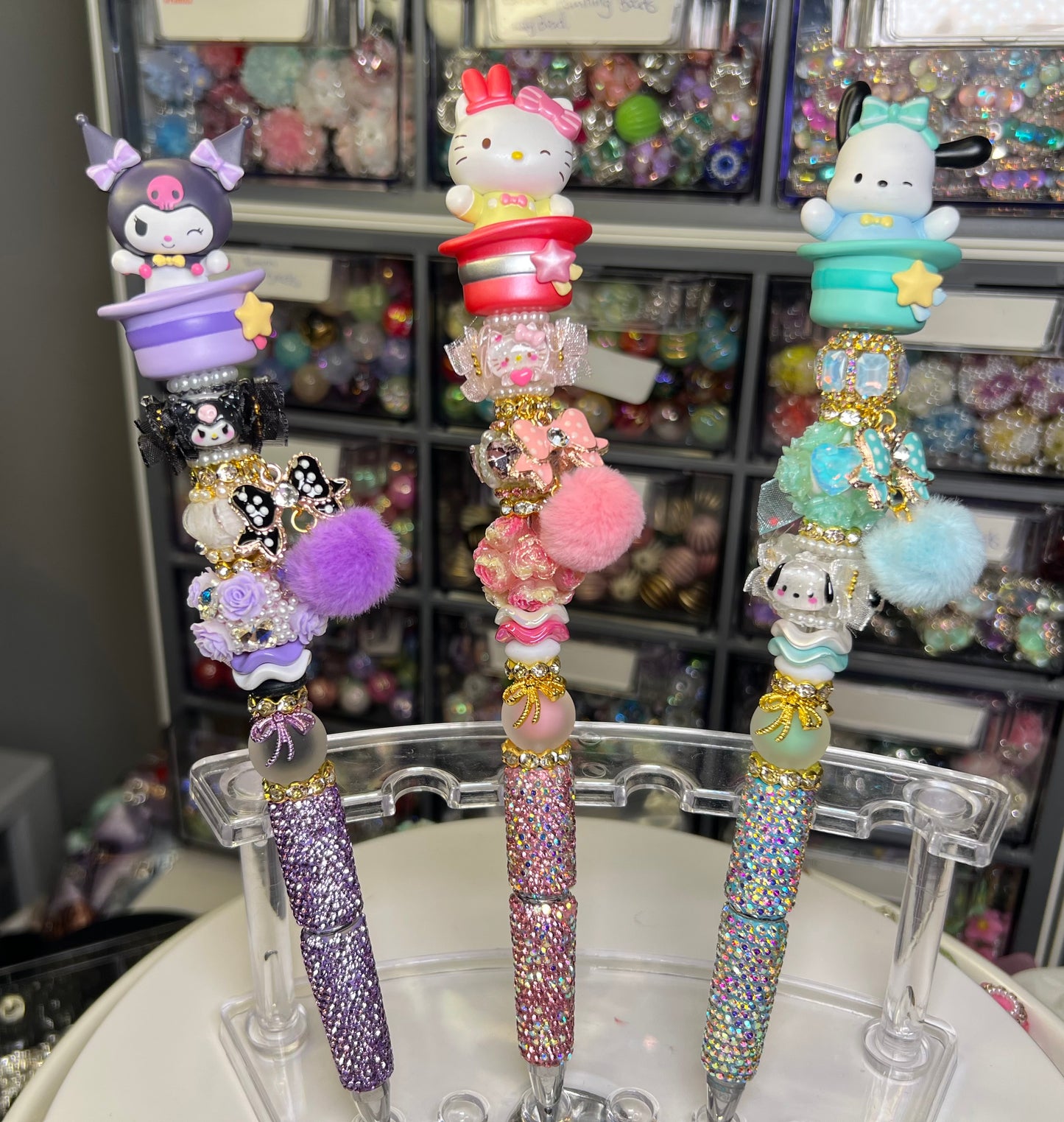 Sanrio Bubble Head Characters on Rhinestone Pen & Med Extender with Bow & Pompom Charm