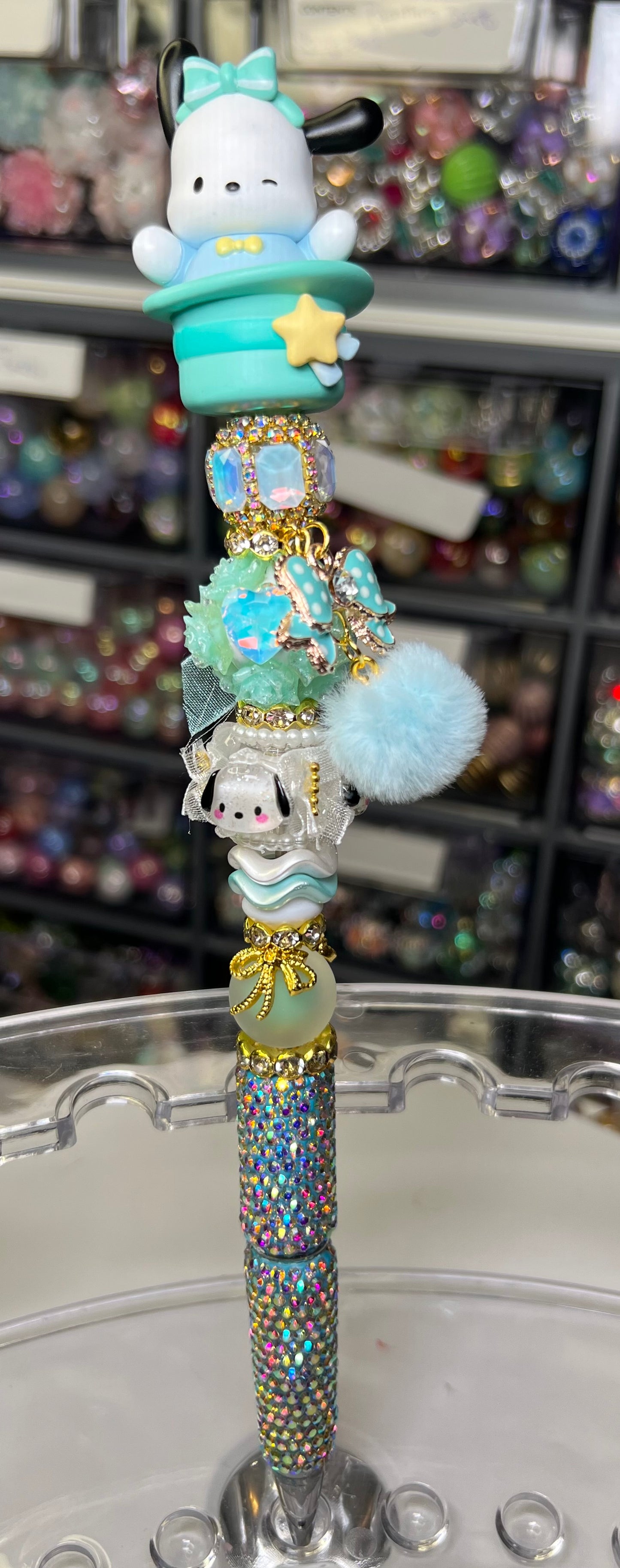 Sanrio Bubble Head Characters on Rhinestone Pen & Med Extender with Bow & Pompom Charm