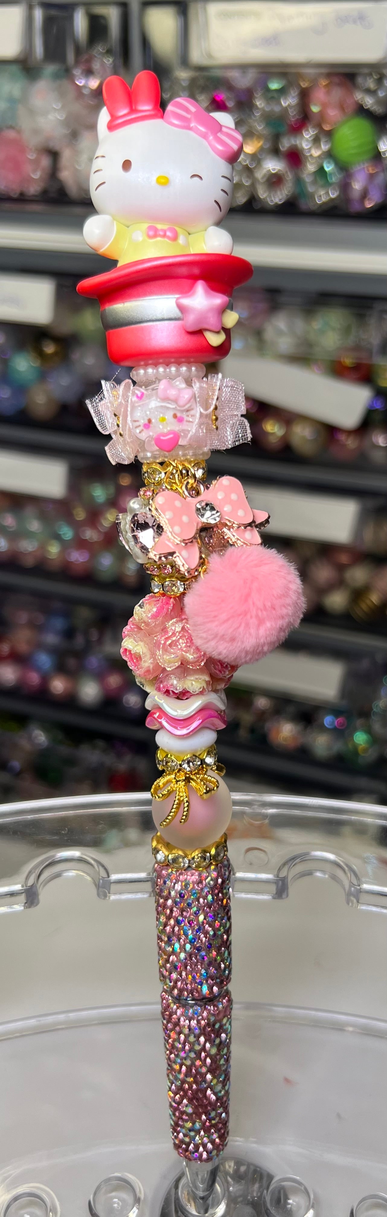 Sanrio Bubble Head Characters on Rhinestone Pen & Med Extender with Bow & Pompom Charm