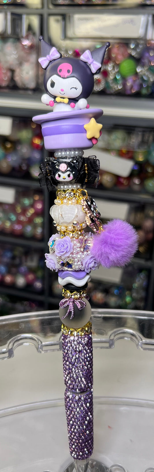 Sanrio Bubble Head Characters on Rhinestone Pen & Med Extender with Bow & Pompom Charm